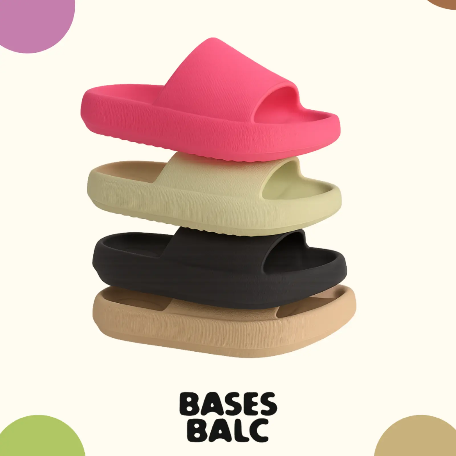 Diseño sin título (48) Sandalias de goma tipo slide en varios colores, dispuestas en círculo sobre fondo blanco.