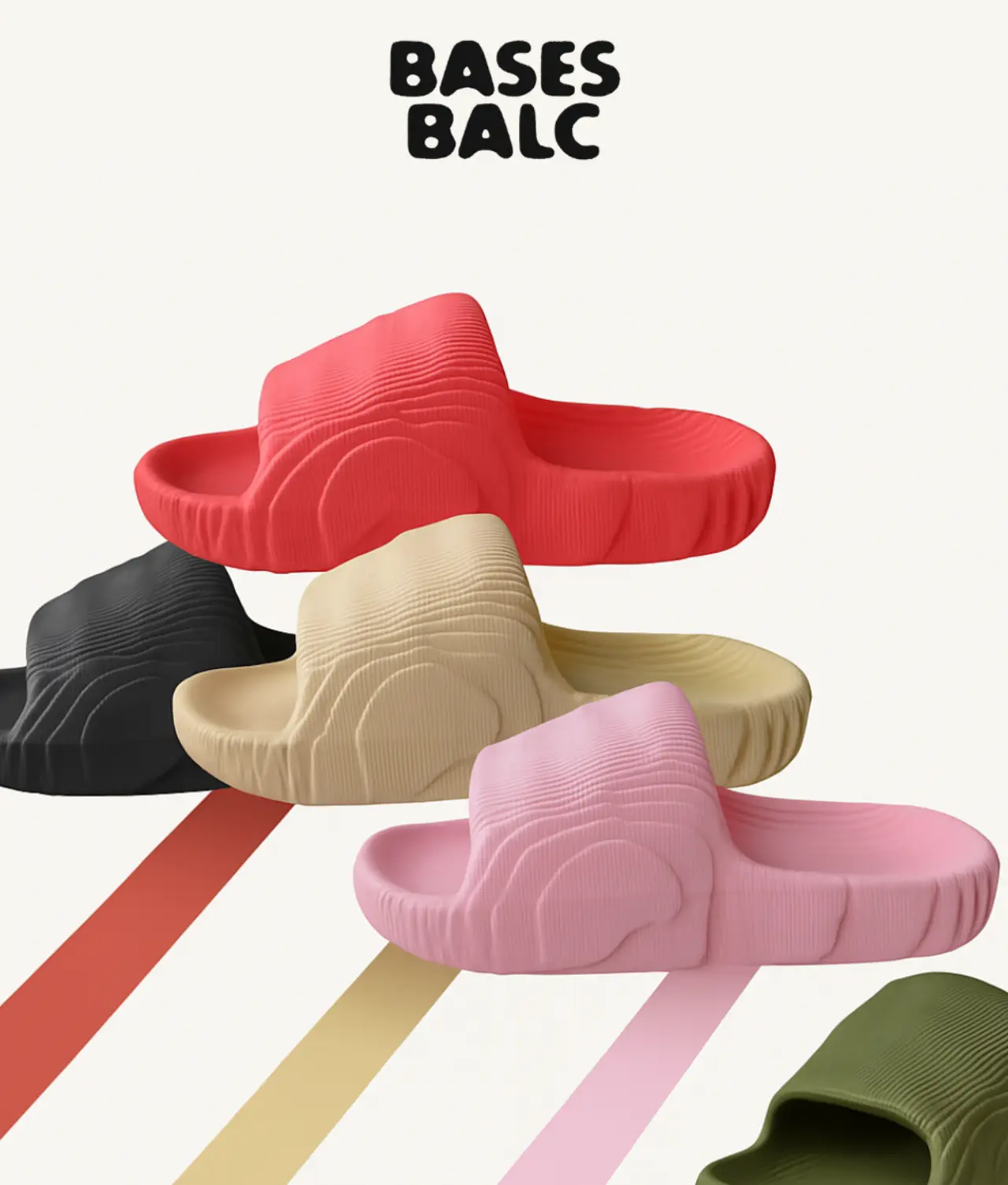 Diseño sin título (49) Sandalias tipo slide en seis colores diferentes, dispuestas en círculo sobre fondo blanco.